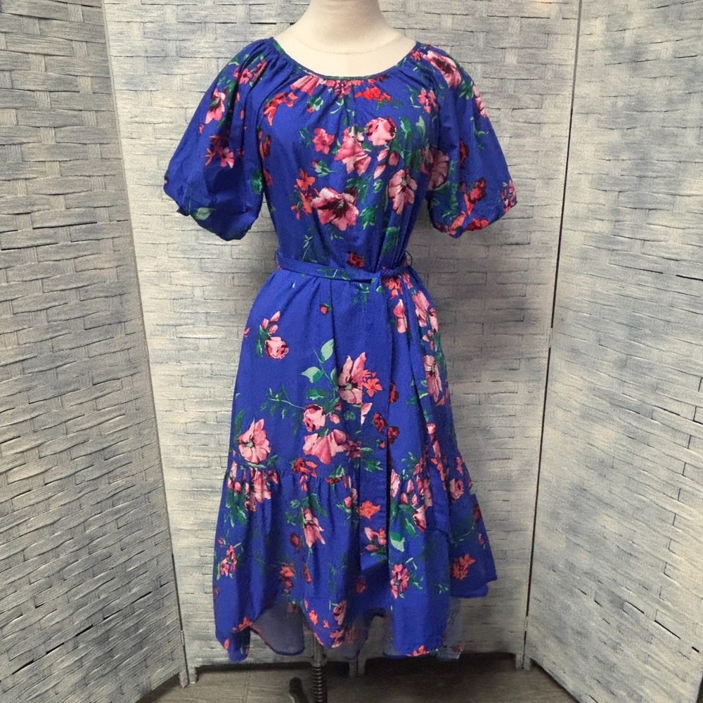 Kensie Sz 6 Blue Floral Puff Sleeve‎ Midi Tie Waist and Ruffle Hem